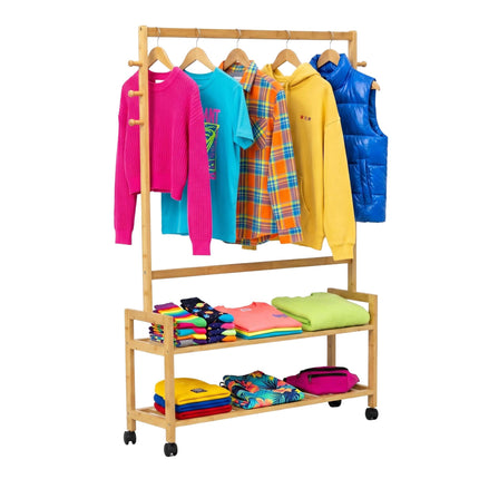 Bamboo Clothes Trolley with Shelves and Hooks