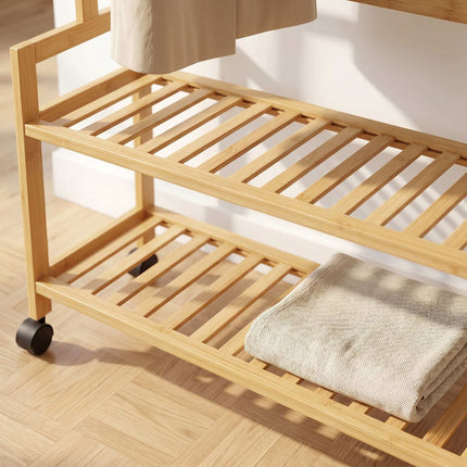 Bamboo Clothes Trolley with Shelves and Hooks