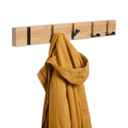 Bamboo Coat Rack With Folding Hooks, Natural And Black