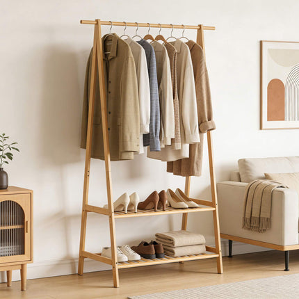 Bamboo Coat Rack with 2 Shelves, Natural Finish