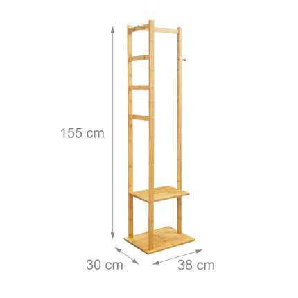 Bamboo Coat Rack with 2 Shelves and 3 Hooks