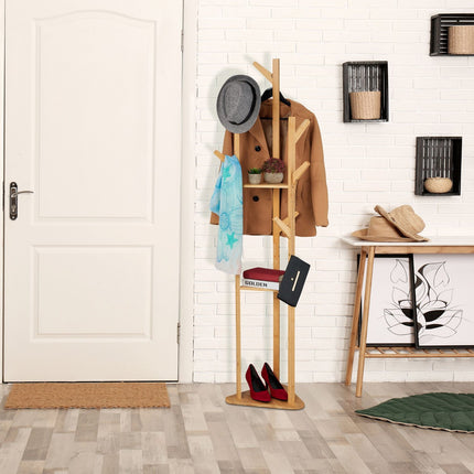 Bamboo Coat Rack with 9 Hooks and 2 Shelves