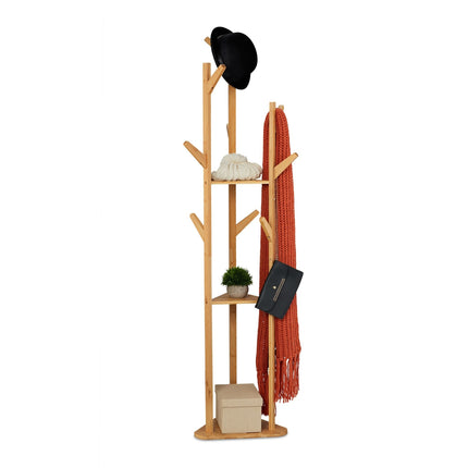 Bamboo Coat Rack with 9 Hooks and 2 Shelves