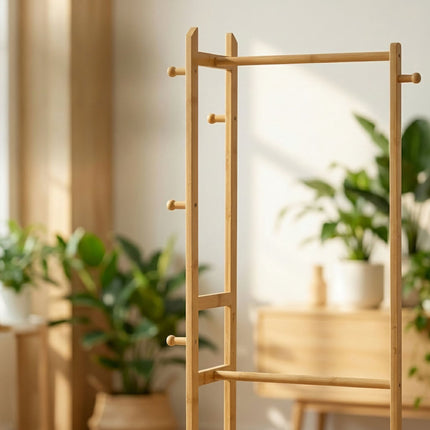 Bamboo Coat Rack with Hooks, Natural Finish