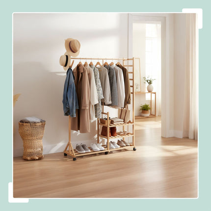 Bamboo Coat Rack with Shelves, Hooks, and Wheels