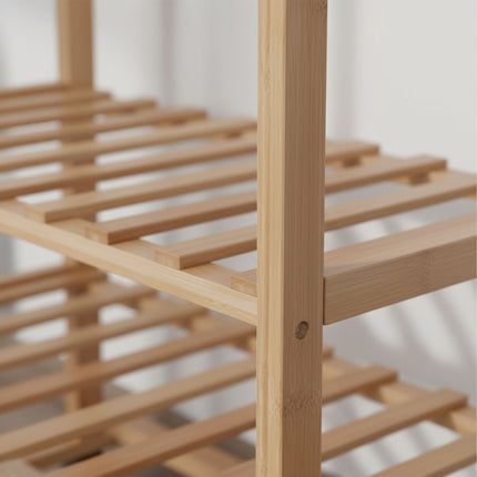 Bamboo Coat Rack with Shelves, Hooks, and Wheels
