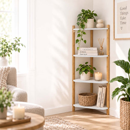 Bamboo Corner Shelf with 3 Triangular Shelves, White, 60 x 46 x 25 cm