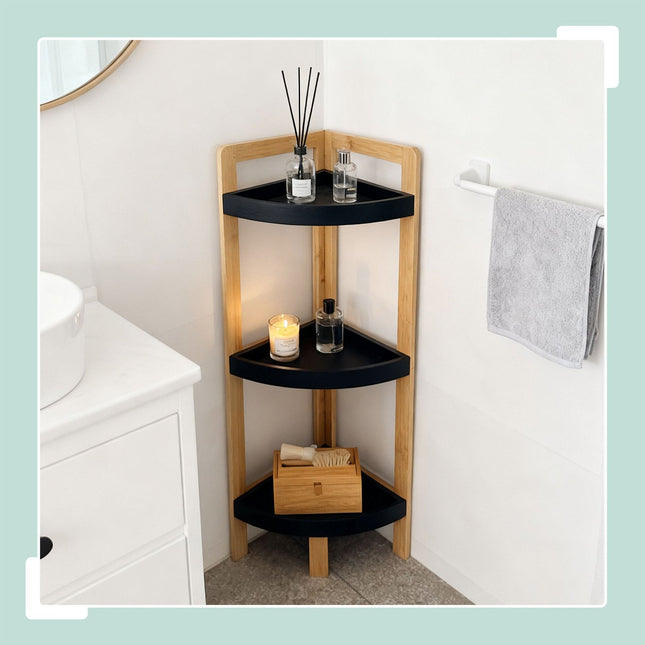 Bamboo Corner Shelf with Racks, Space-Saving Design