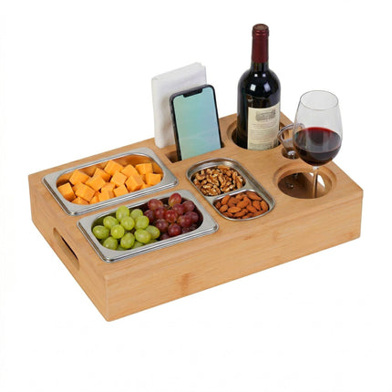 Bamboo Couch Snack Bar – 3 Stainless Bowls, Cup Holders