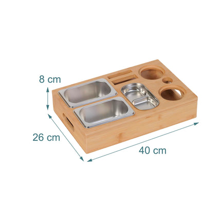 Bamboo Couch Snack Bar – 3 Stainless Bowls, Cup Holders