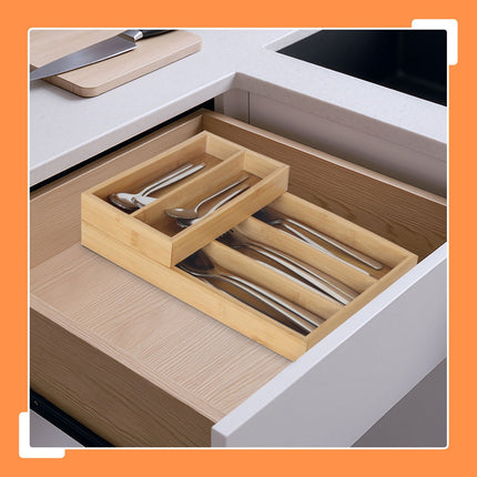 Bamboo Cutlery Drawer Organizer, 2-Piece, 6 Compartments