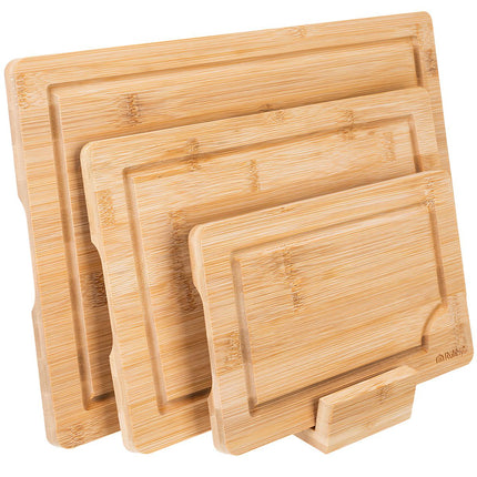 Bamboo Cutting Board Set with Stand – 3 Sizes, Drainage Grooves