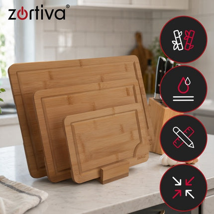 Bamboo Cutting Board Set with Stand – 3 Sizes, Drainage Grooves