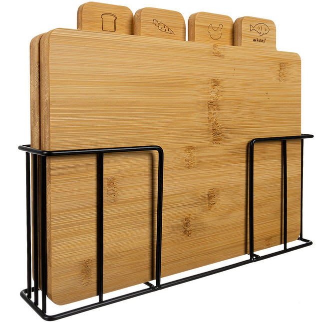 Bamboe snijplankenset met standaard - 4 stuks