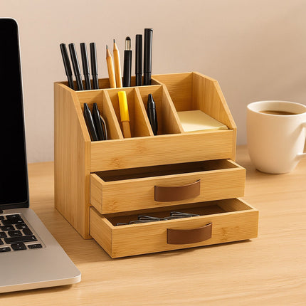 Bamboo Desk Organiser – 2 Drawers, 5 Compartments