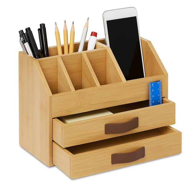 Bamboo Desk Organiser – 2 Drawers, 5 Compartments