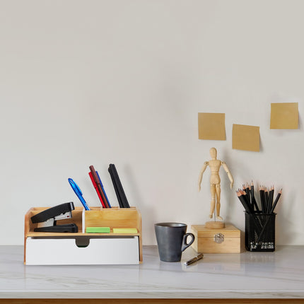 Bamboo Desk Organiser with 9 Compartments and Drawer