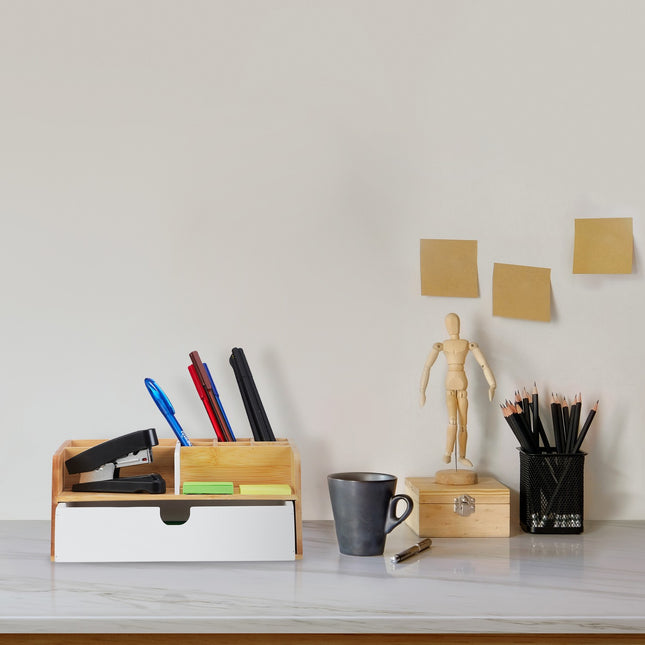 Bamboo Desk Organiser with 9 Compartments and Drawer