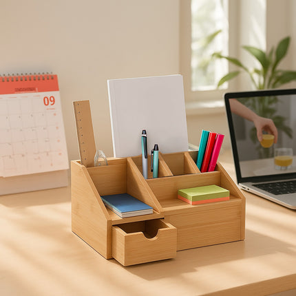 Bamboo Desk Organiser with Drawer, 6 Compartments