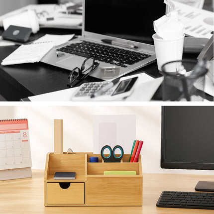 Bamboo Desk Organiser with Drawer, 6 Compartments