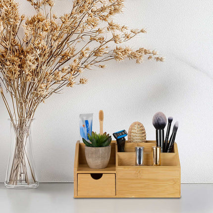 Bamboo Desk Organiser with Drawer, 6 Compartments