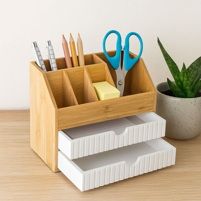 Bamboo Desk Organizer with 2 Drawers and 5 Compartments