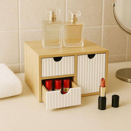 Bamboo Drawer Box Organizer, 3 Ribbed Drawers
