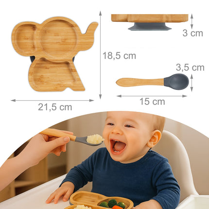 Bamboo Elephant Toddler Plate & Spoon Set, Non-Slip