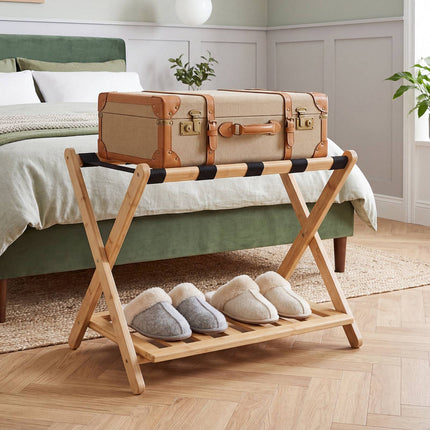 Bamboo Folding Luggage Rack with Straps and Shelves