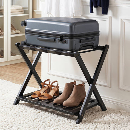 Bamboo Folding Luggage Rack with Straps and Shelves