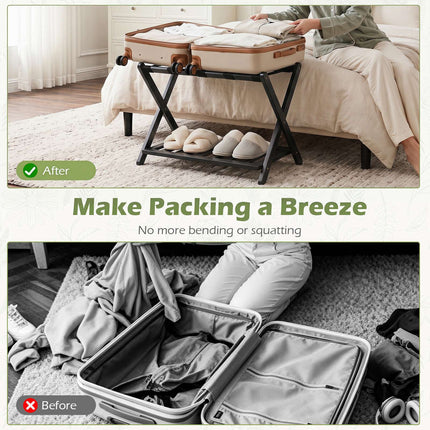 Bamboo Folding Luggage Rack with Straps and Shelves