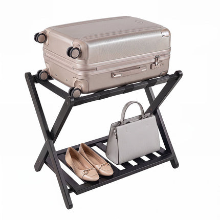 Bamboo Folding Luggage Rack with Straps and Shelves