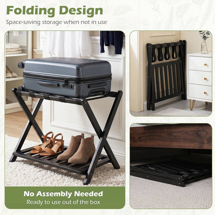 Bamboo Folding Luggage Rack with Straps and Shelves