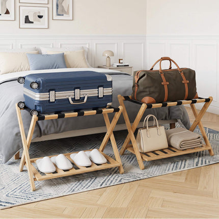 Bamboo Folding Luggage Rack with Straps and Shelves