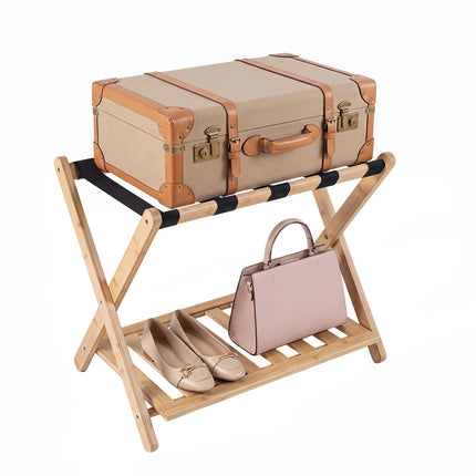 Bamboo Folding Luggage Rack with Straps and Shelves