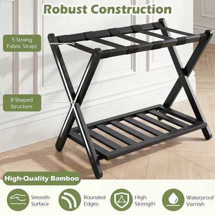 Bamboo Folding Luggage Rack with Straps and Shelves