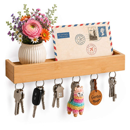 Bamboo Key Rack with 6 Hooks and Shelf – Natural Finish