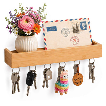 Bamboo Key Rack with 6 Hooks and Shelf – Natural Finish