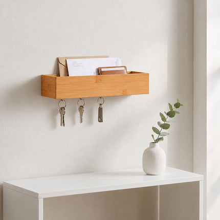 Bamboo Key Rack with 6 Hooks and Shelf – Natural Finish