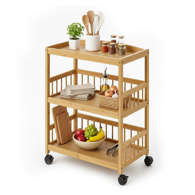 Bamboo Kitchen Cart, 3-Shelf Slim Rolling Trolley