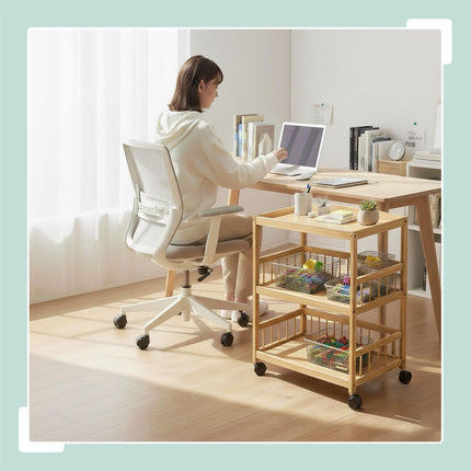 Bamboo Kitchen Cart, 3-Shelf Slim Rolling Trolley