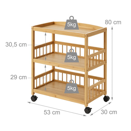 Bamboo Kitchen Cart, 3-Shelf Slim Rolling Trolley