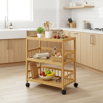 Bamboo Kitchen Cart, 3-Shelf Slim Rolling Trolley