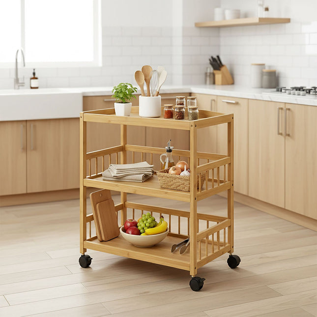 Bamboo Kitchen Cart, 3-Shelf Slim Rolling Trolley
