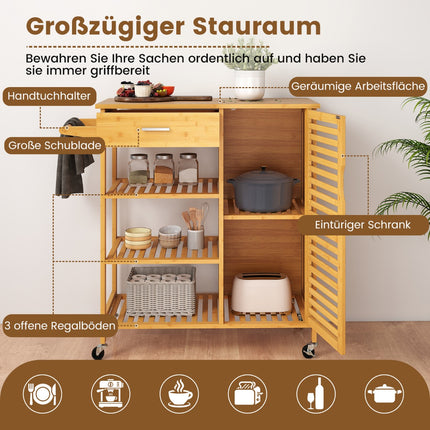 Bamboo Kitchen Cart with Drawer and Shelves, Mobile Storage