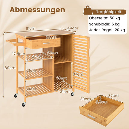 Bamboo Kitchen Cart with Drawer and Shelves, Mobile Storage