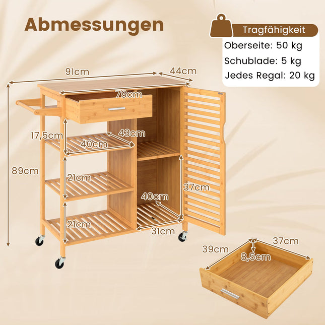 Bamboo Kitchen Cart with Drawer and Shelves, Mobile Storage