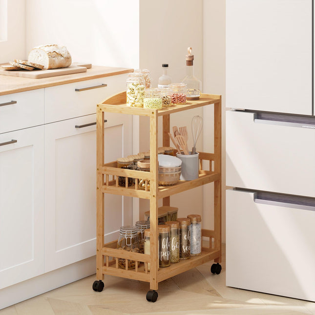Bamboo Kitchen Cart with Wheels – 3 Shelves, Natural Wood