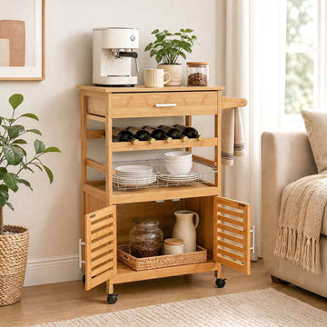 Bamboo Kitchen Island Trolley with Storage Cabinet & Wine Rack