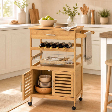 Bamboo Kitchen Island Trolley with Storage Cabinet & Wine Rack